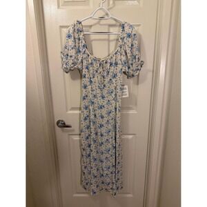 Miss Selfridge Petites Cream Blue Floral Maxi Dress Short Puff Sleeve NWT L 12‎